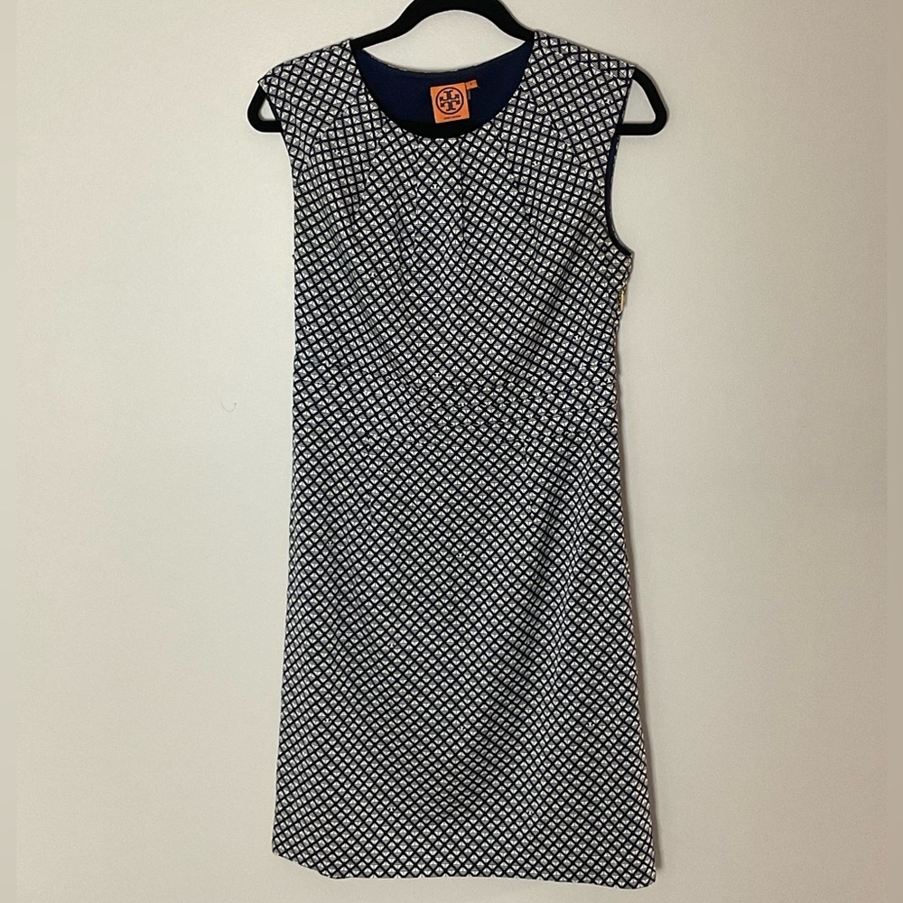 Tory Burch Maxine Navy and White Silk Sleeveless Geometric A-Line Dress Size 4